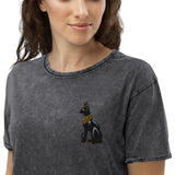 Embroidered Bastet Cat Denim T-Shirt